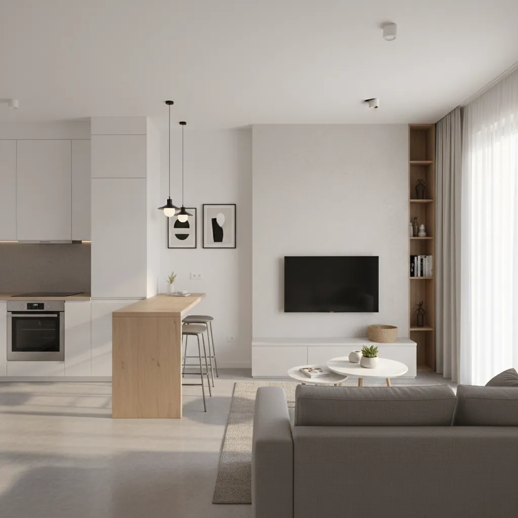 layout interno de casa pequena com sala e cozinha integradas