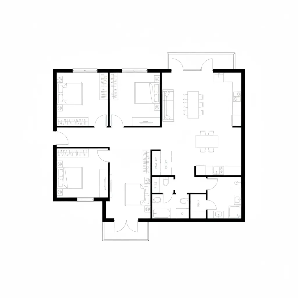 layout de casa térrea com corredor curto ligando quartos