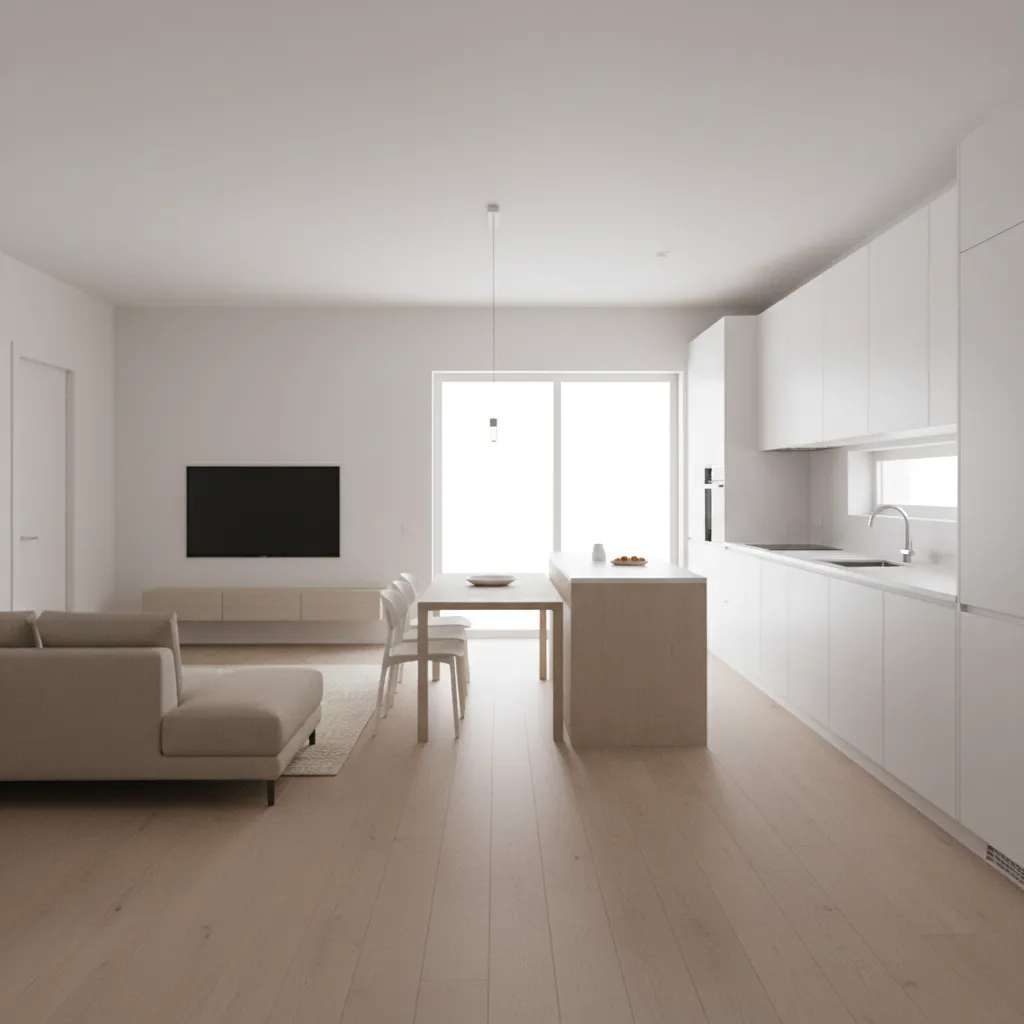 layout interno com sala jantar e cozinha integradas em casa estreita