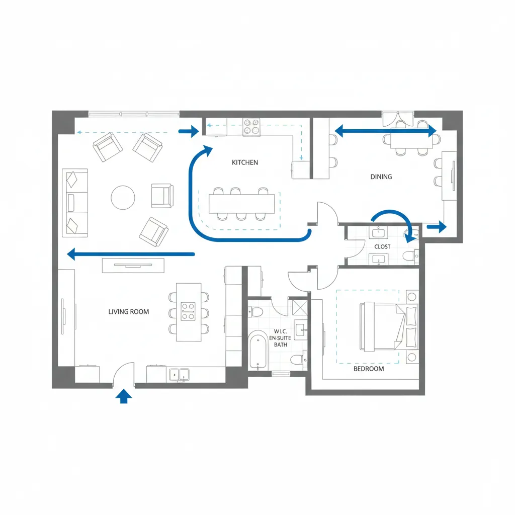 planta arquitetônica mostrando circulação entre sala cozinha e quartos