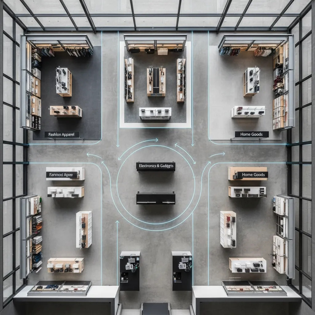 Interior design drawing of retail store layout with blue arrows showing paths through different zones
