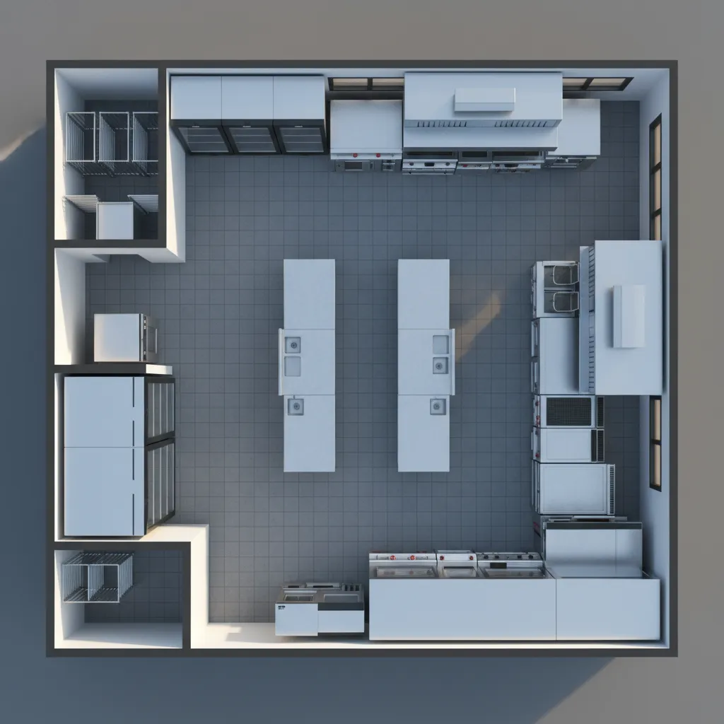 Plano 3D de distribución de una cocina profesional