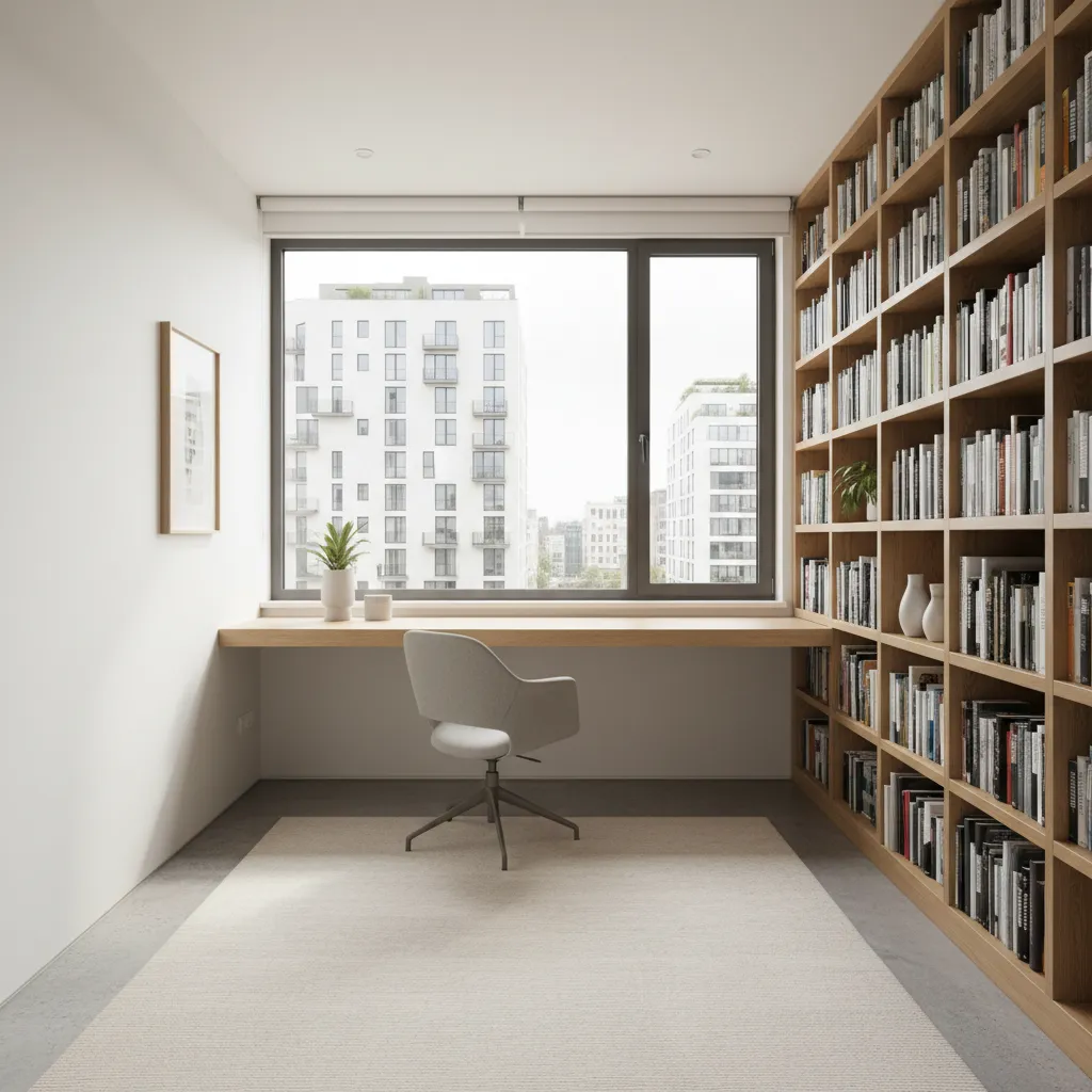 Distribución funcional de un cuarto de estudio con escritorio junto a ventana