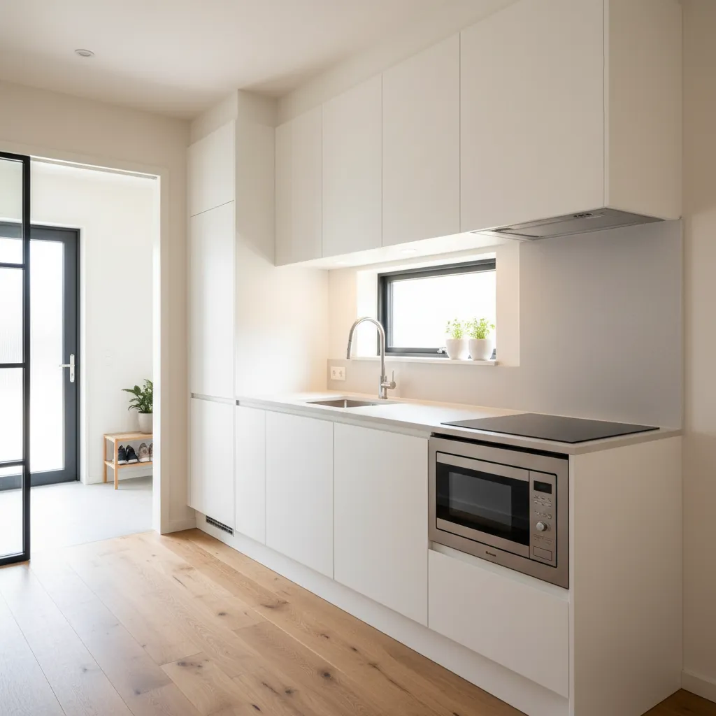 Layout dapur linear di bagian depan rumah kecil