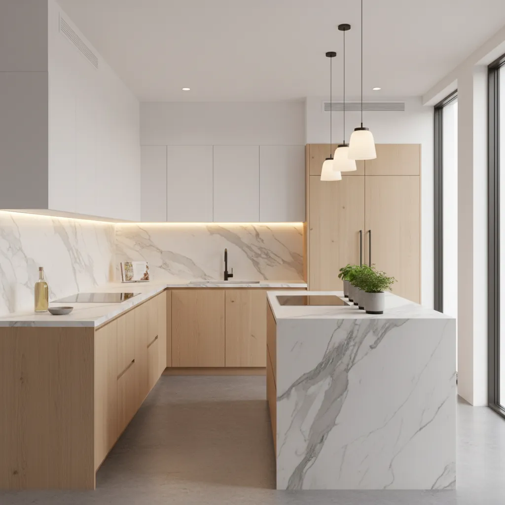 Modern kitchen with wood cabinets marble backsplash large island three ceiling lights and grey floor