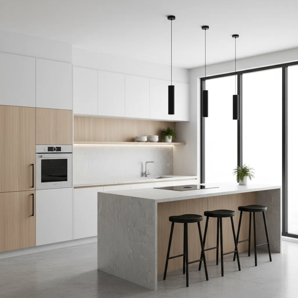 Modern white kitchen with wooden cabinets large island three black stools and three ceiling lights