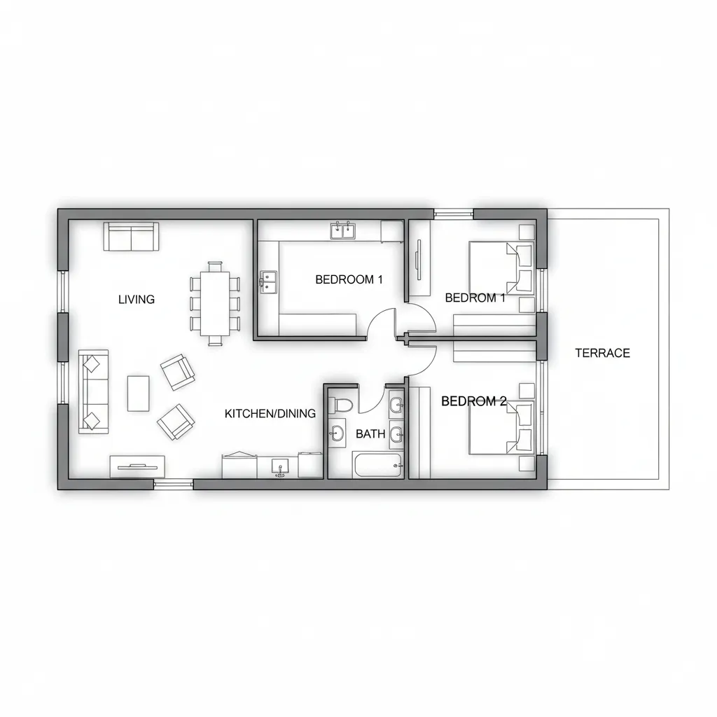 Ilustrasi denah rumah 8x10 dengan teras di sisi bangunan