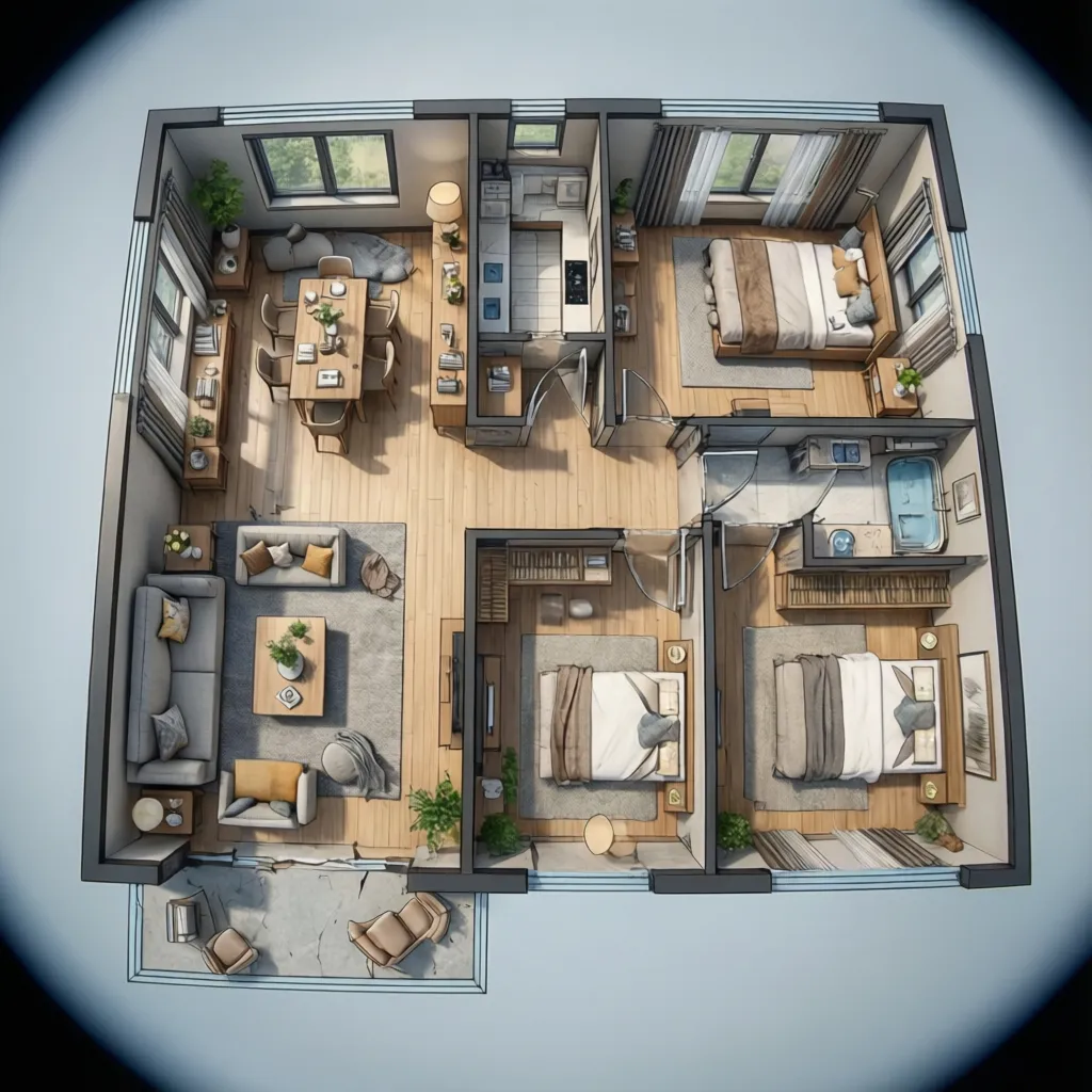 3D interior design drawing showing a three bedroom home layout with gray sofa and floor