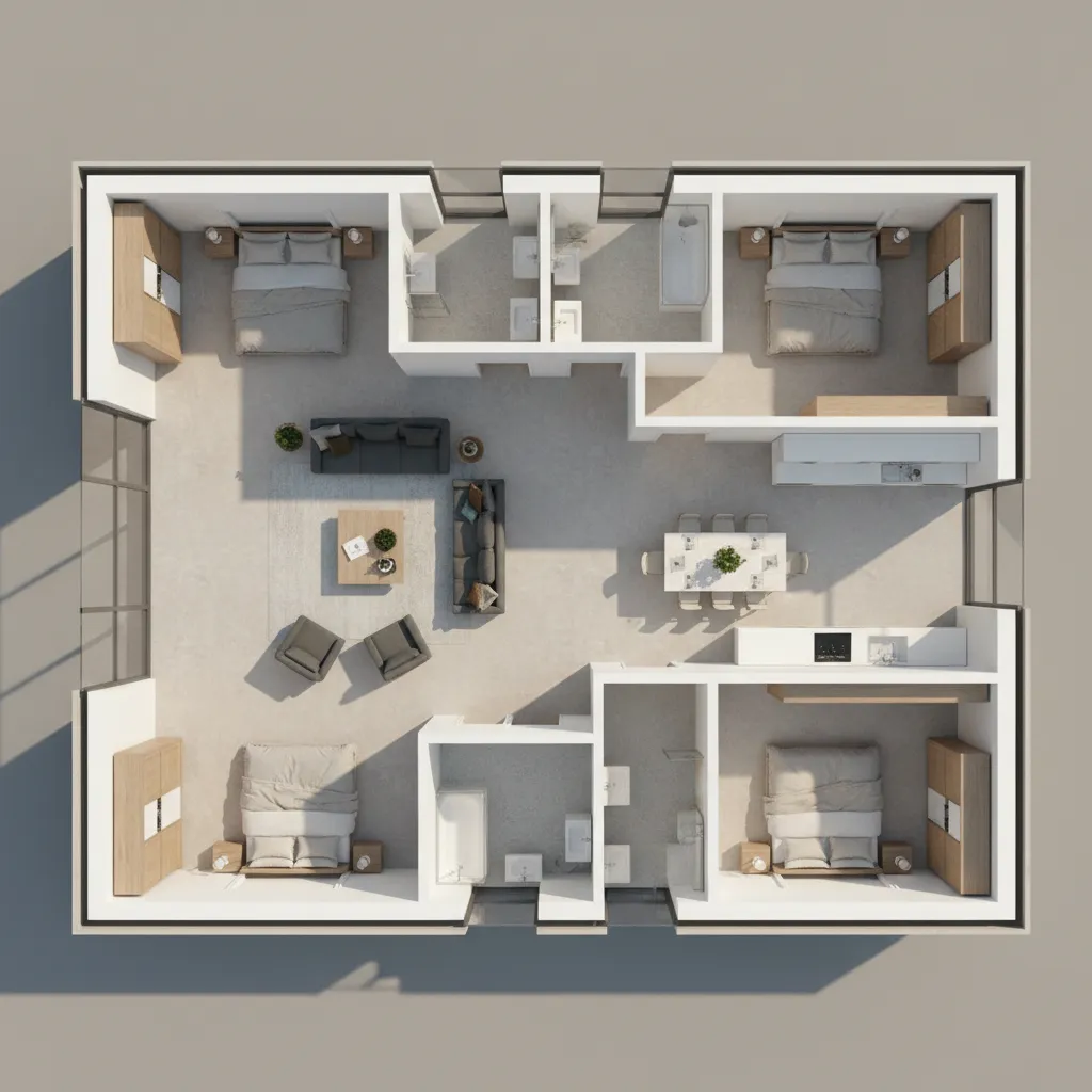 Layout denah rumah empat kamar dengan ruang keluarga di tengah
