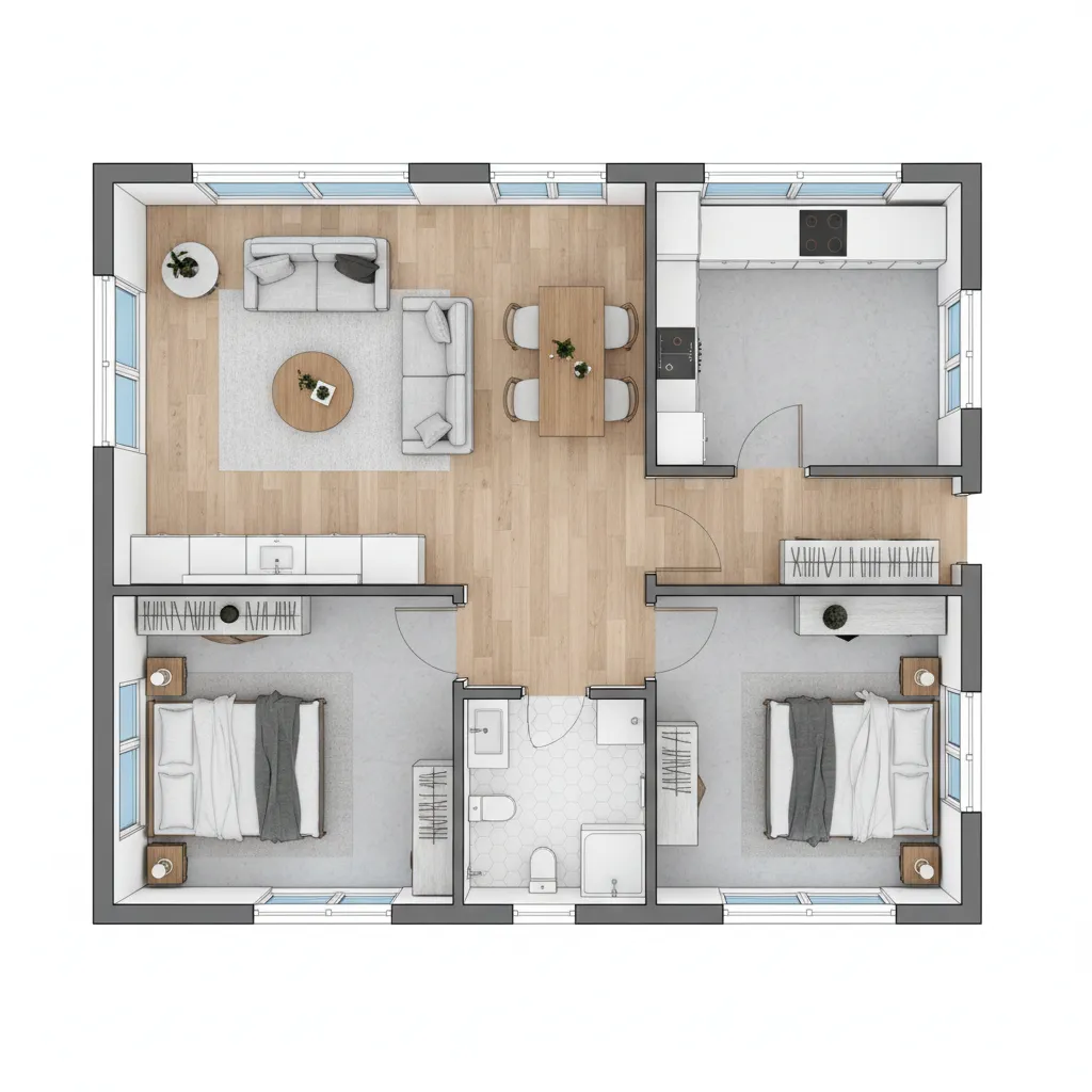 Layout denah rumah 6x6 dengan ruang terbuka