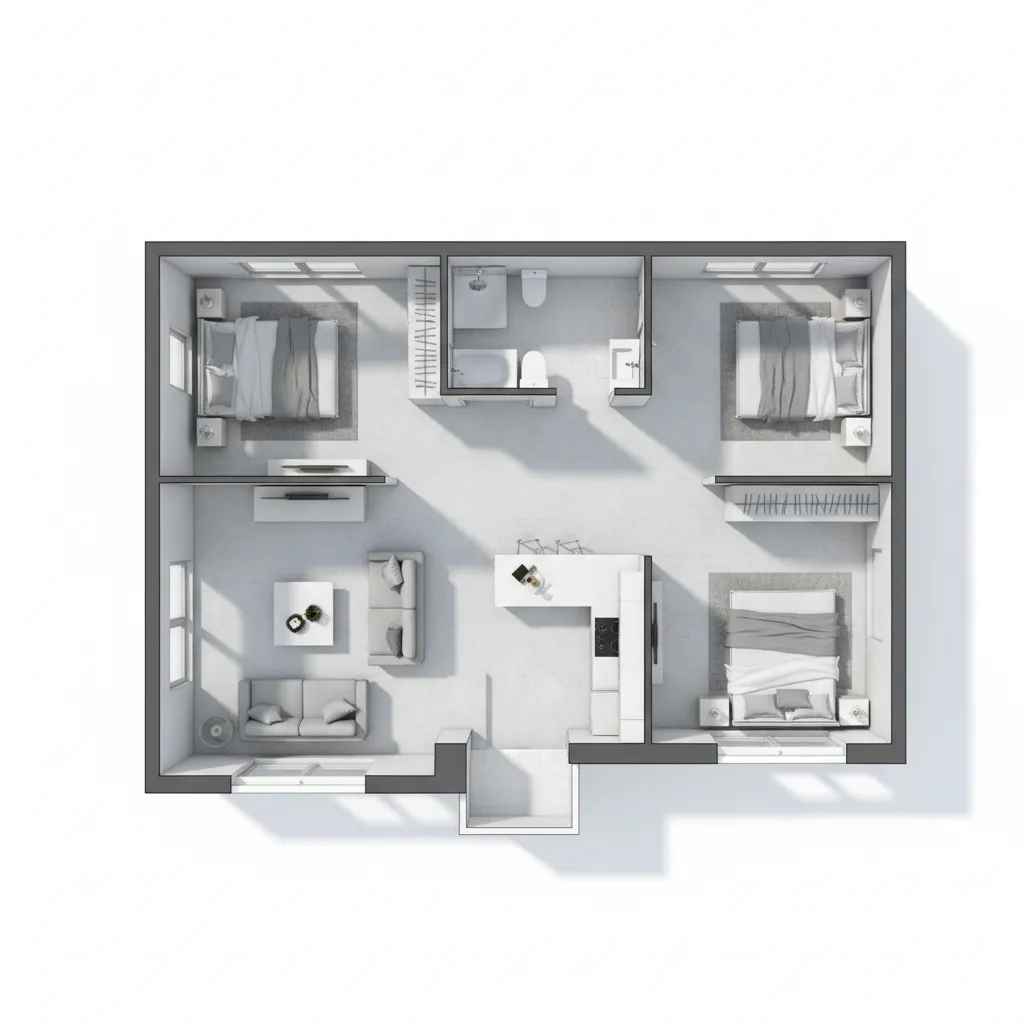 Three dimensional interior design drawing showing three bedrooms living room kitchen and a small bathroom