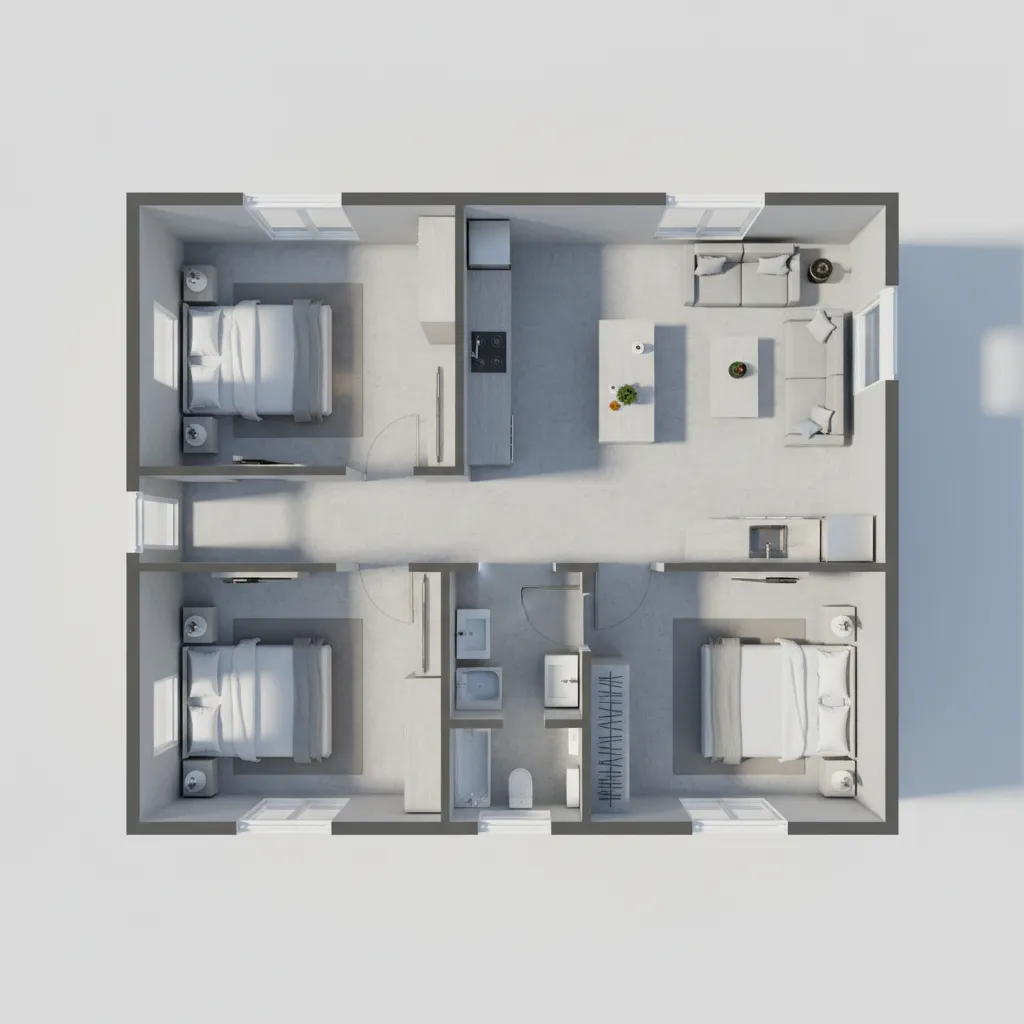 Three bedroom home interior design drawing showing room layout with beds sofa kitchen and bathroom views