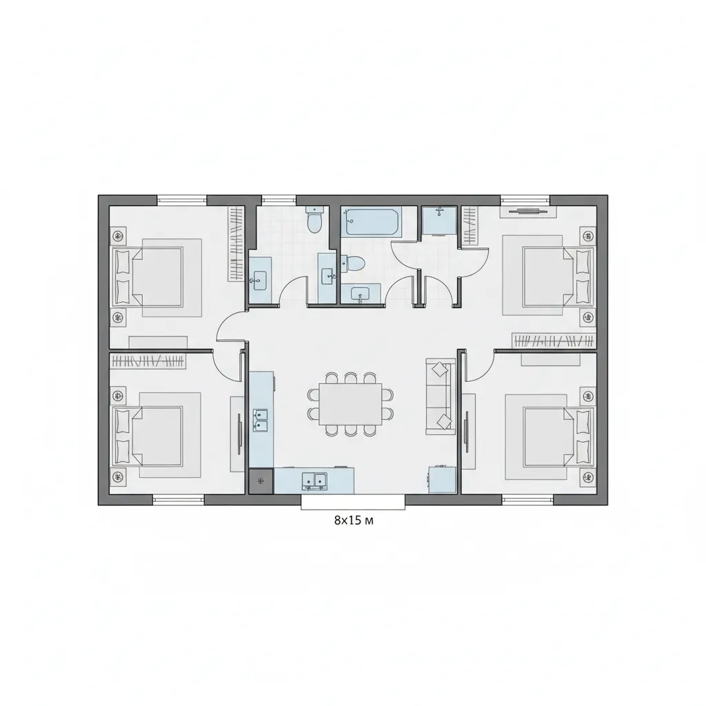 Contoh layout denah rumah 8x15 dengan tiga kamar