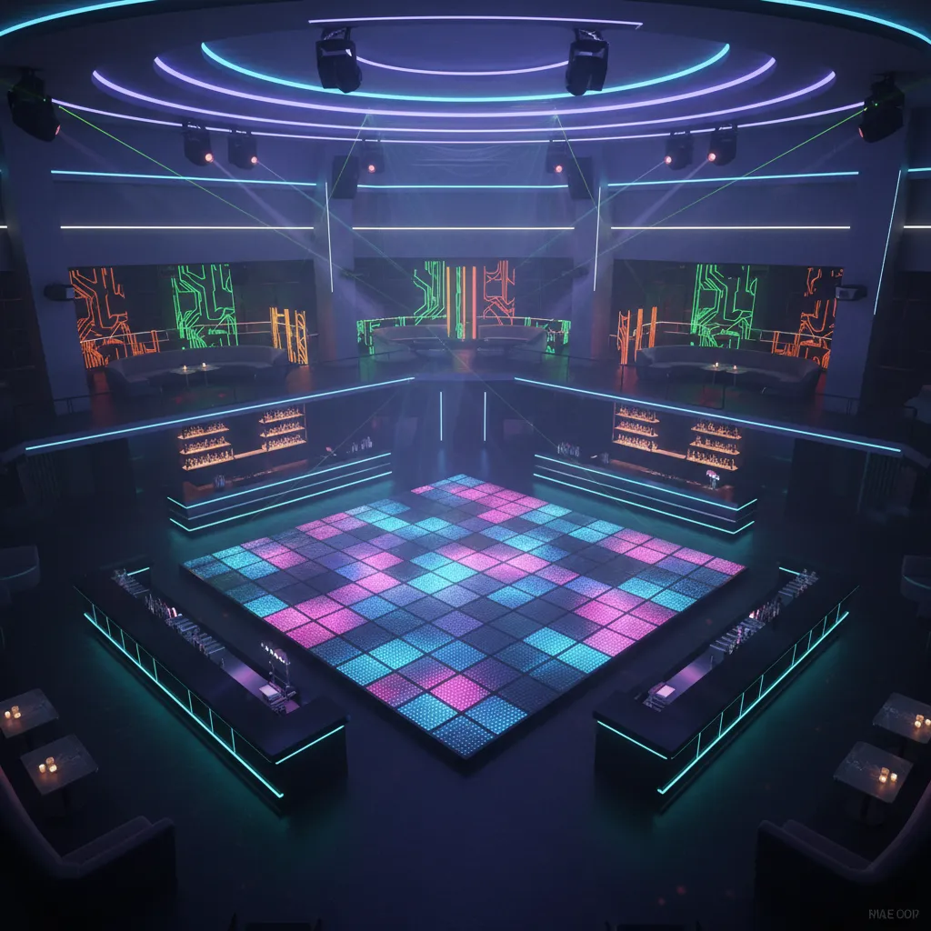 Distribución interior de discoteca con pista de baile, barras y zonas VIP