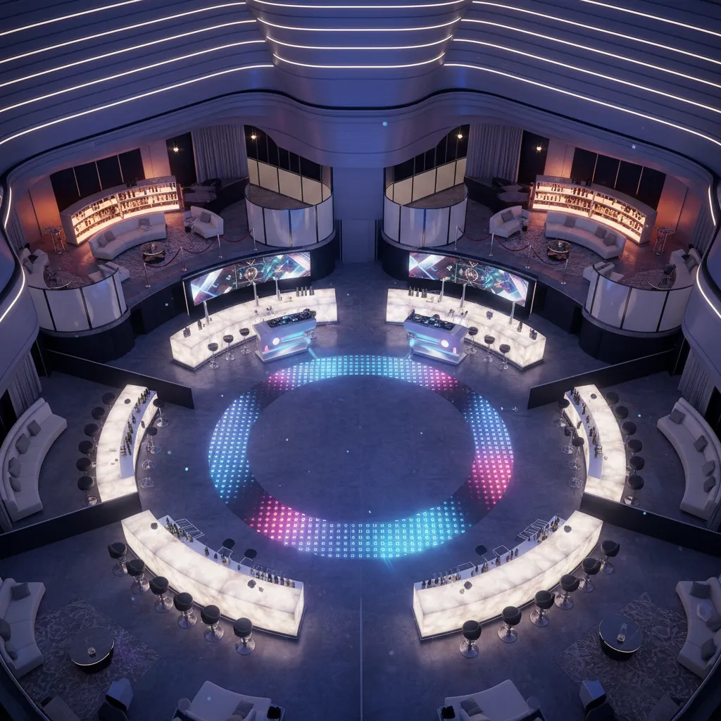 Distribución interior de una discoteca con pista central y barras laterales