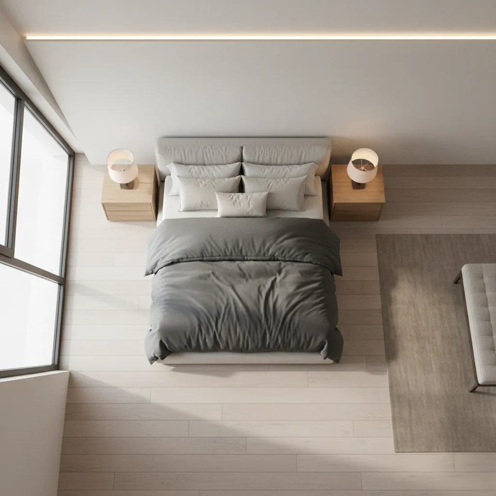 Dormitorio con distribución equilibrada alrededor de la cama
