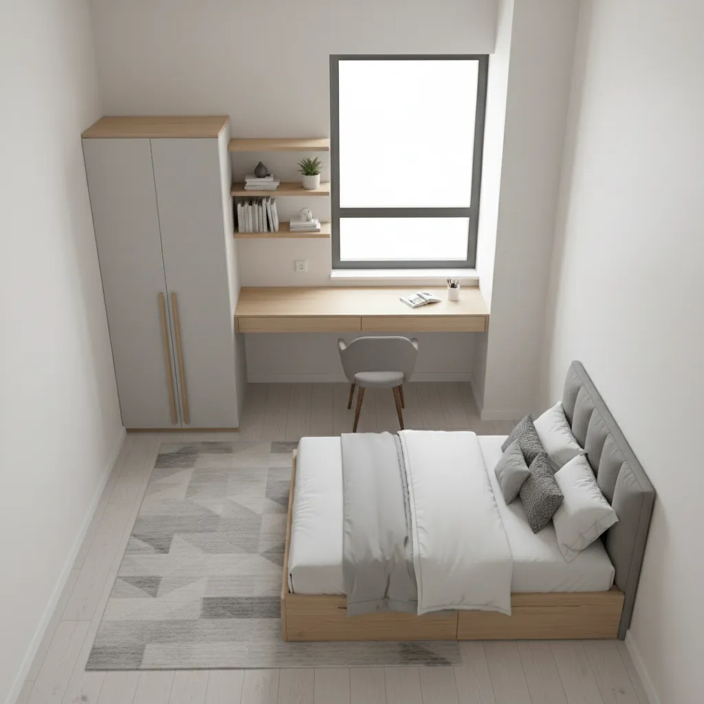 Distribución de dormitorio juvenil masculino con cama escritorio y armario