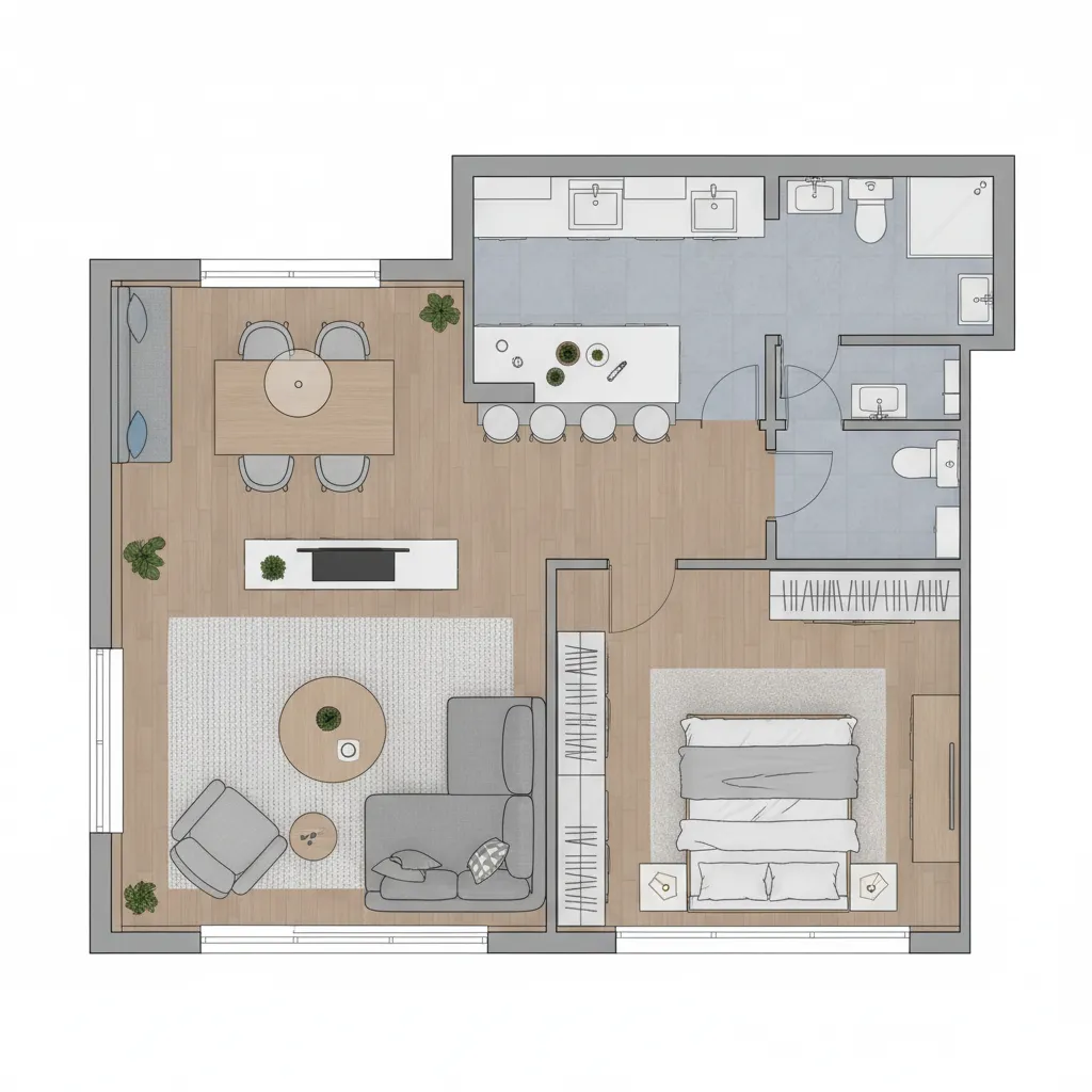 Plano de distribución de un apartamento pequeño con zonas funcionales definidas