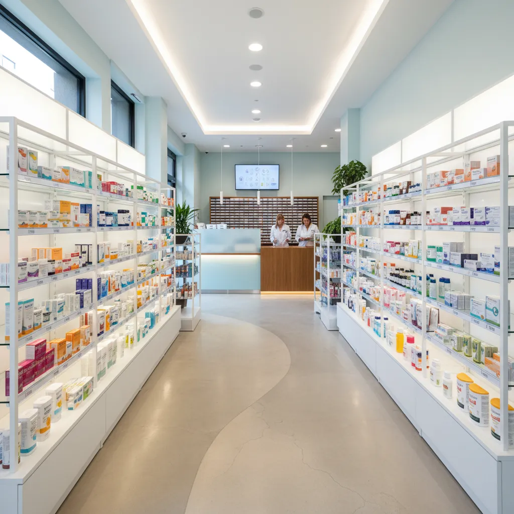 Modern pharmacy store with tall white shelves and staff members behind a wooden service desk