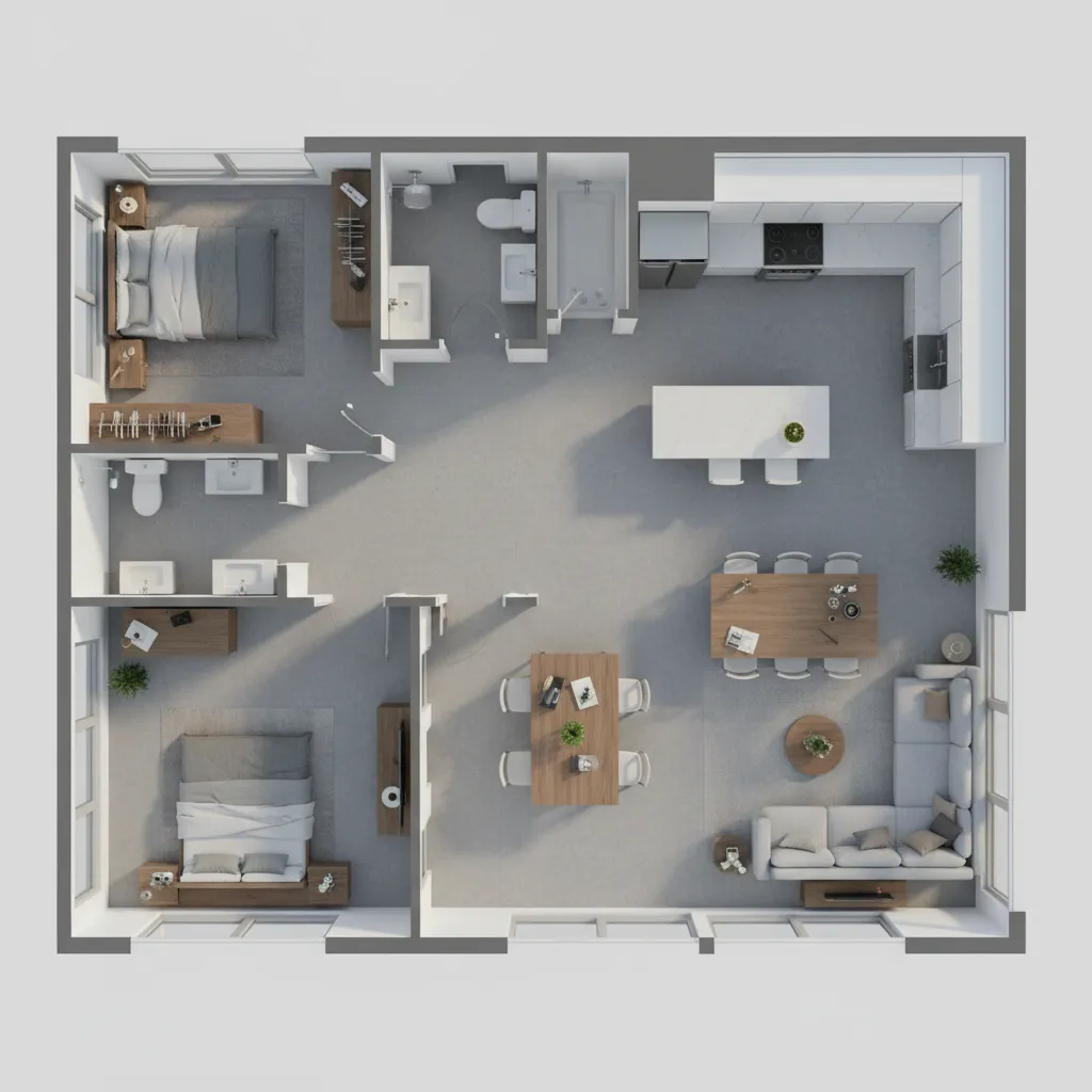 Denah rumah dengan layout furnitur