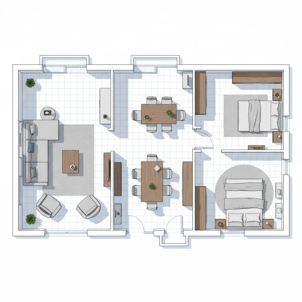 Top down 2D floor plan showing living room dining area two bedrooms and wooden furniture
