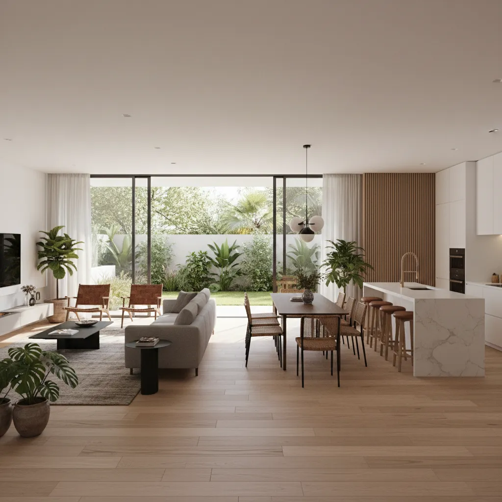 vista ampla de sala cozinha e jantar integrados em casa moderna 140m2