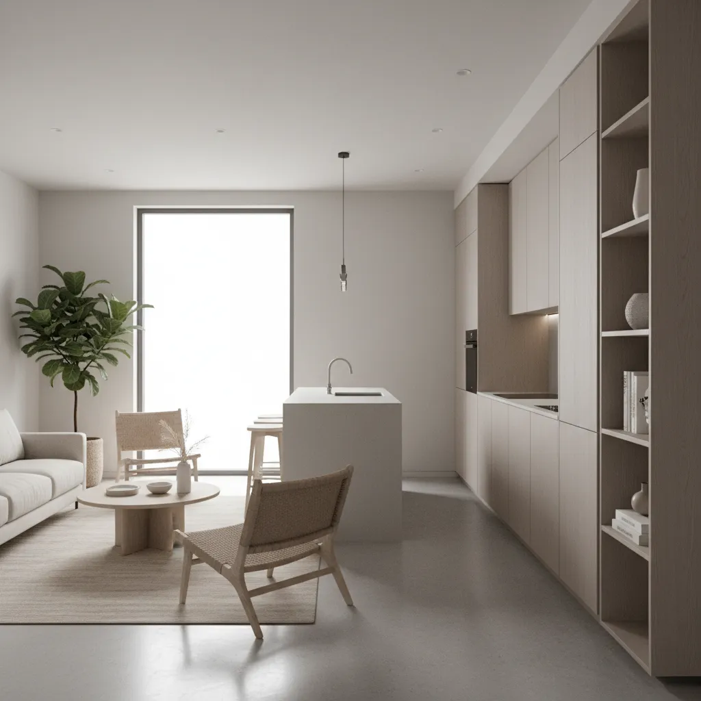 layout aberto de sala e cozinha em casa pequena