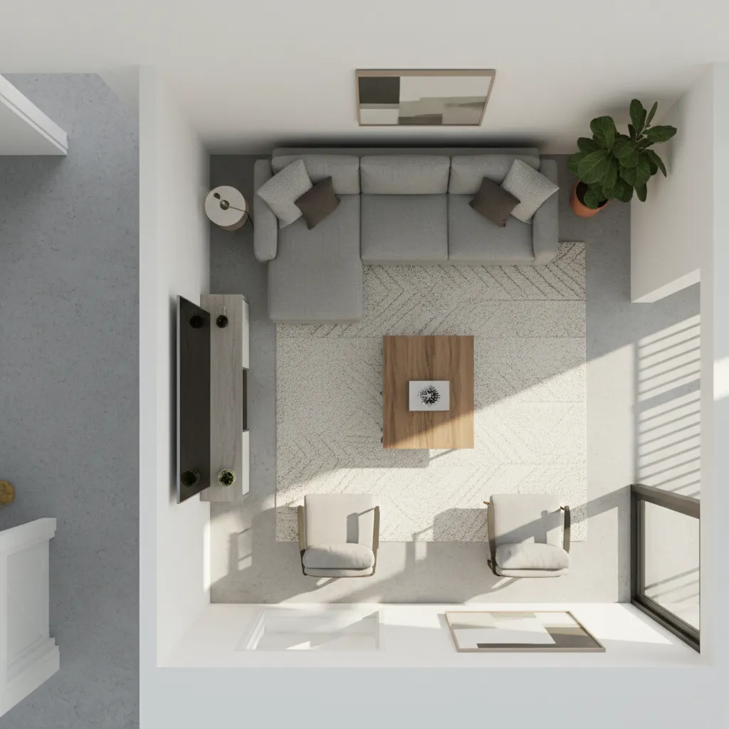 Top view interior design drawing of a living room layout with sofa rug and table