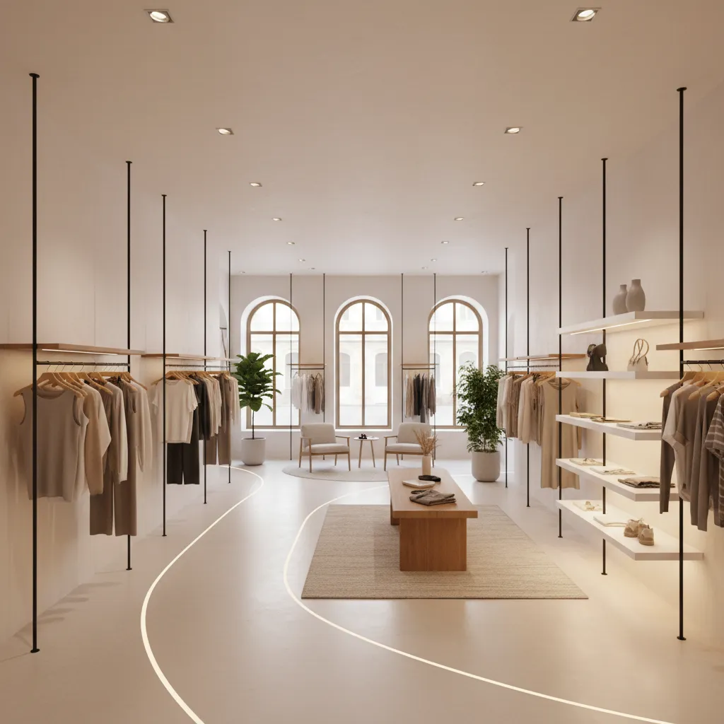 Minimalist clothing store interior with white walls arched windows wooden display table and curved lights