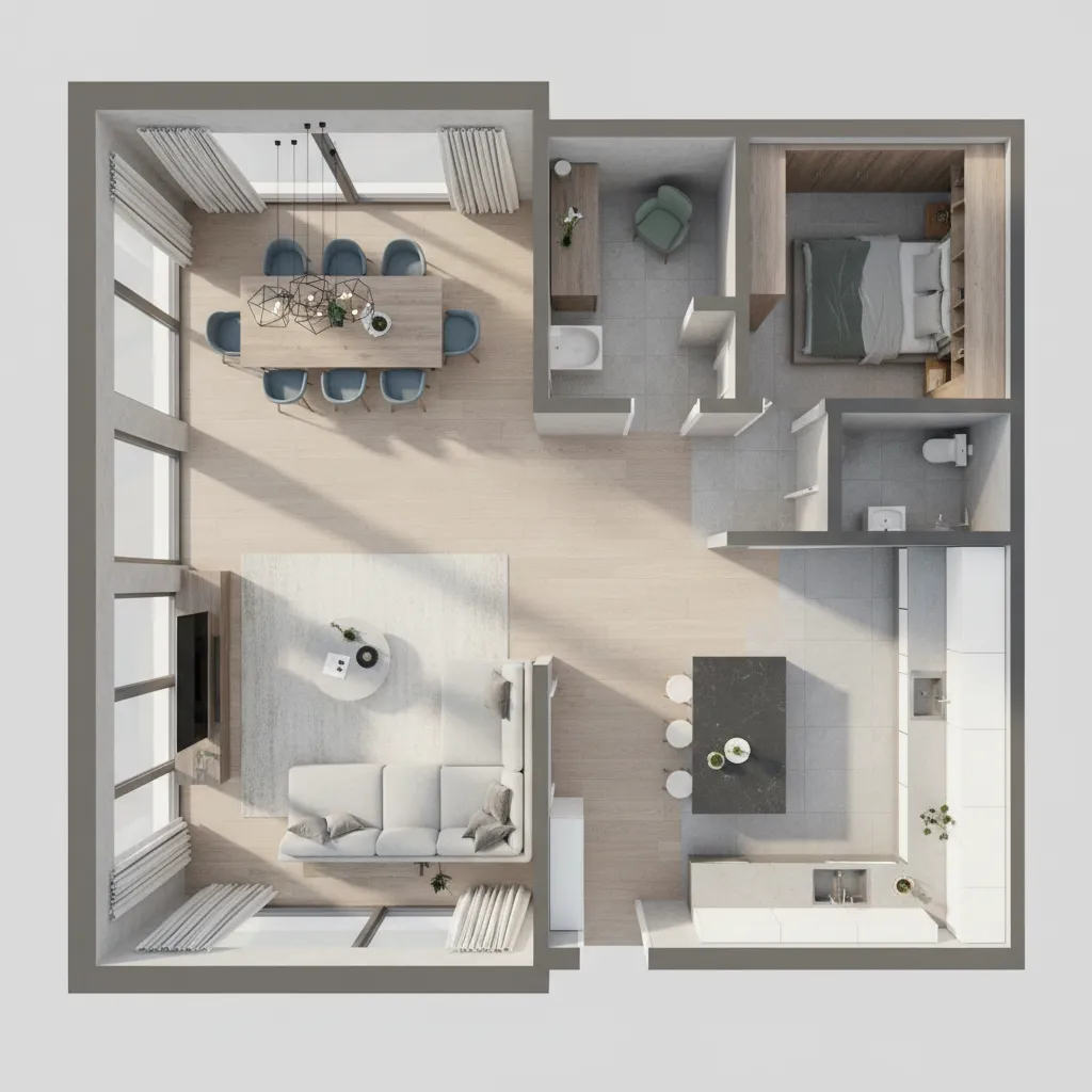 Vista 3D de distribución de un espacio interior