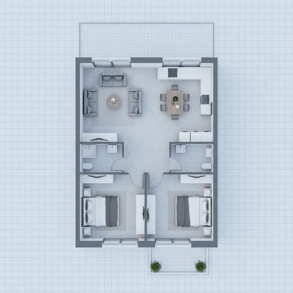 Coohom room layout showing living room kitchen two bathrooms and two bedrooms with grey furniture