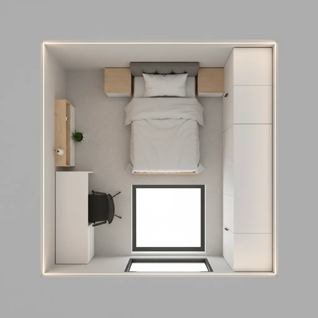 Layout kamar kos ukuran 3x3 meter dengan furnitur dasar