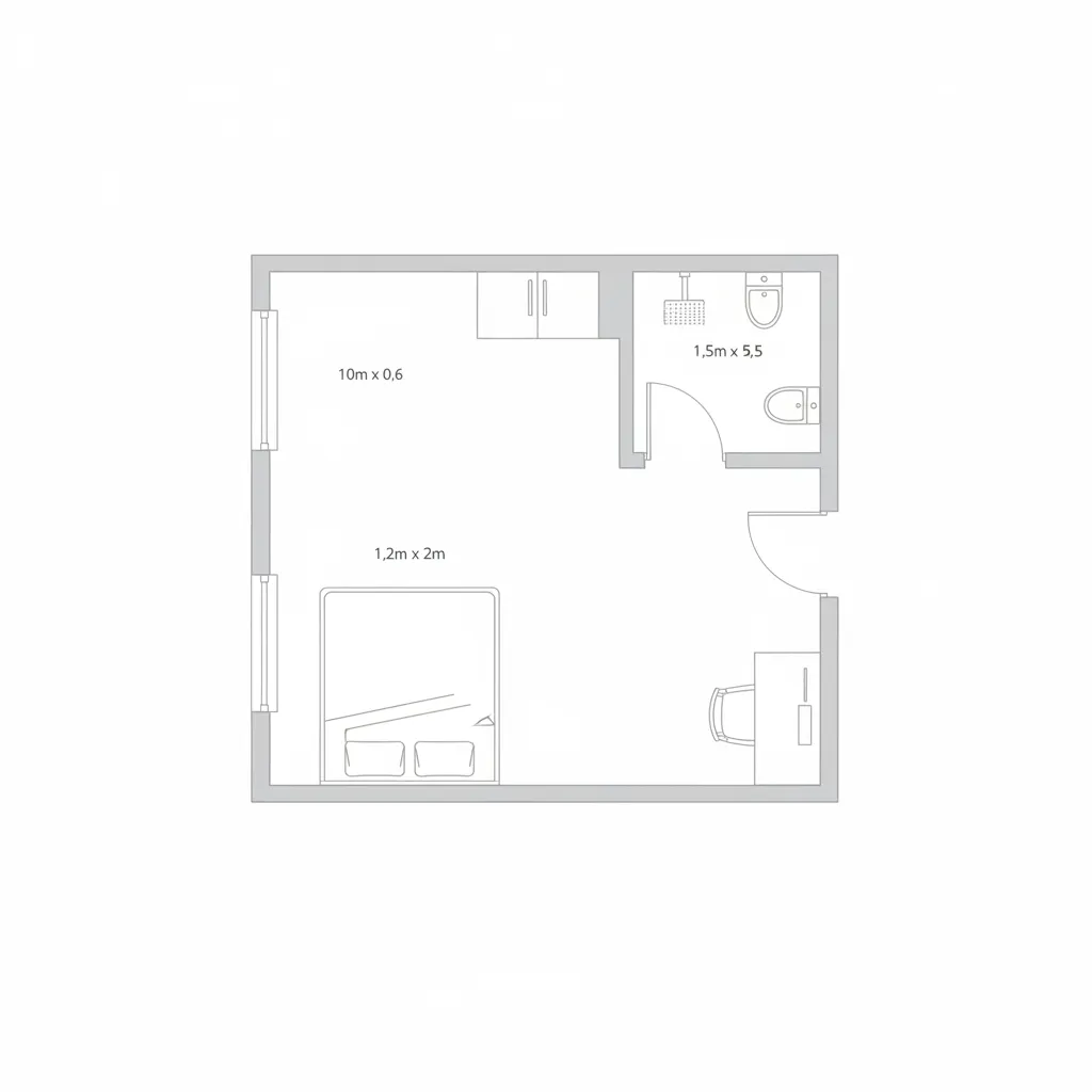 Simple black and white 2D room layout showing a bed desk and small bathroom area