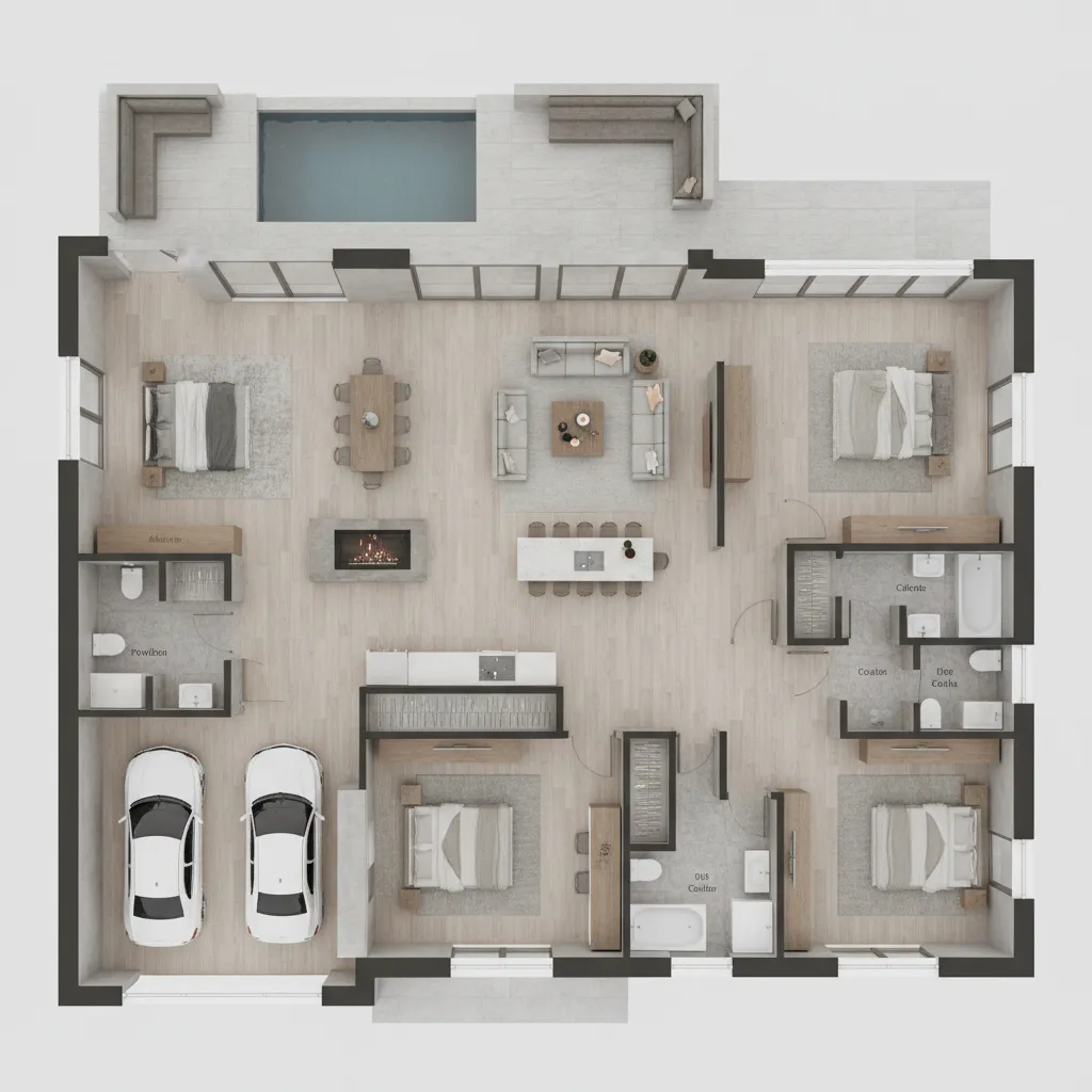 3D interior design drawing showing four bedrooms living area kitchen garage with cars and pool
