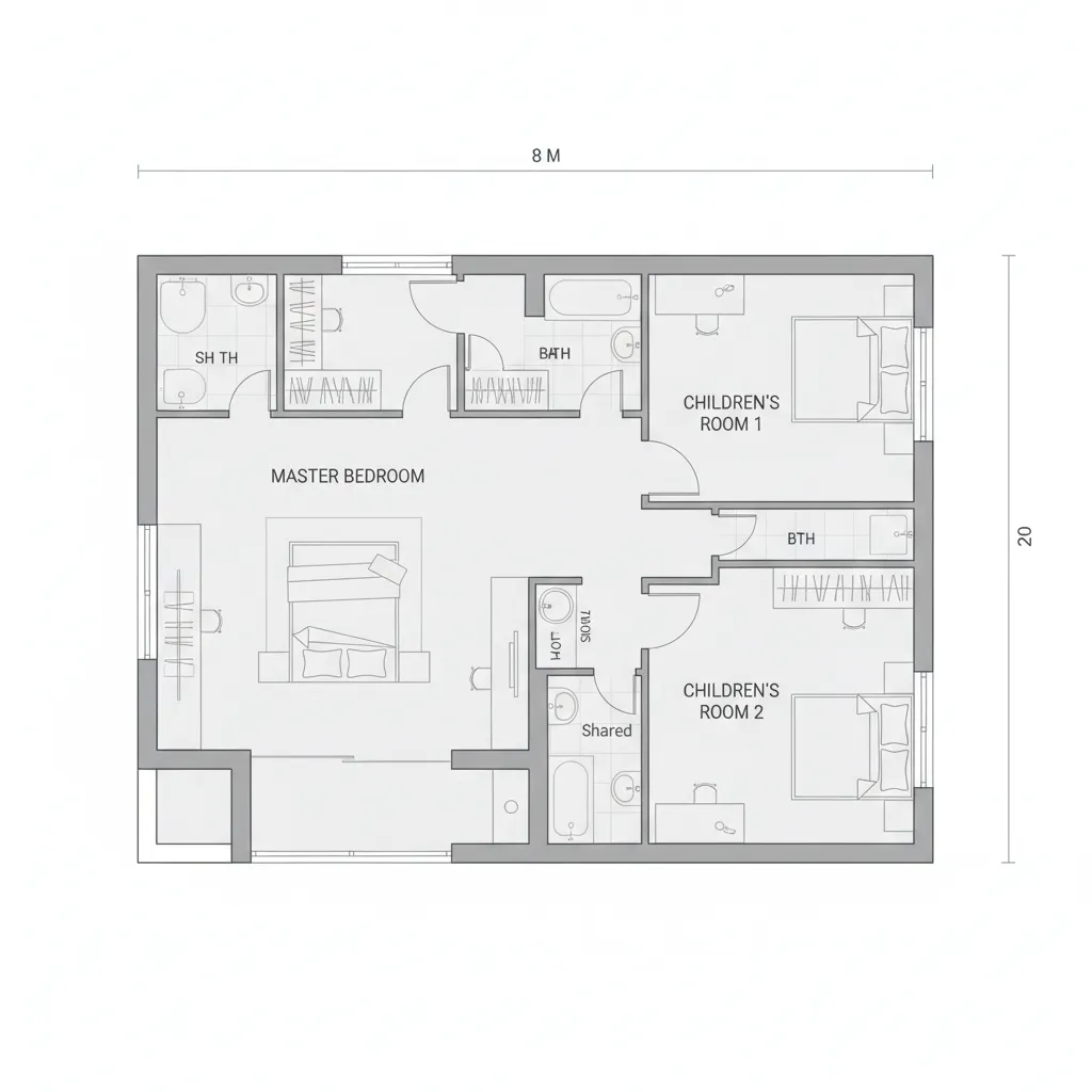 Ilustrasi penempatan kamar tidur pada rumah 8x20