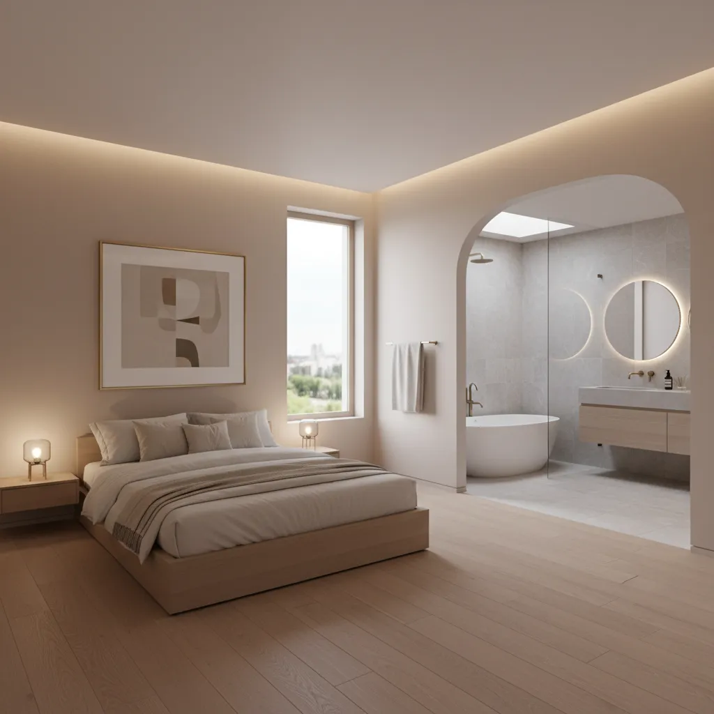 Layout kamar tidur dengan kamar mandi dalam modern