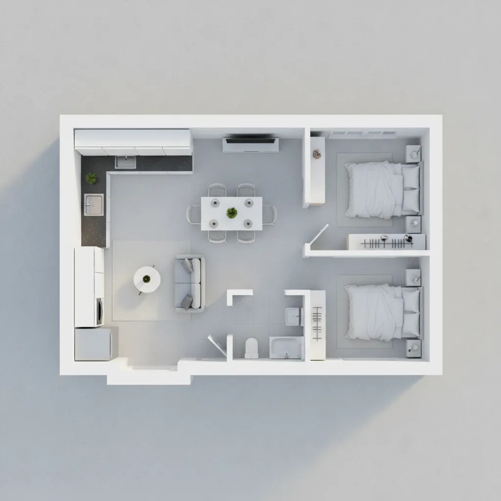 3D interior design drawing of a house with two bedrooms and an open living room