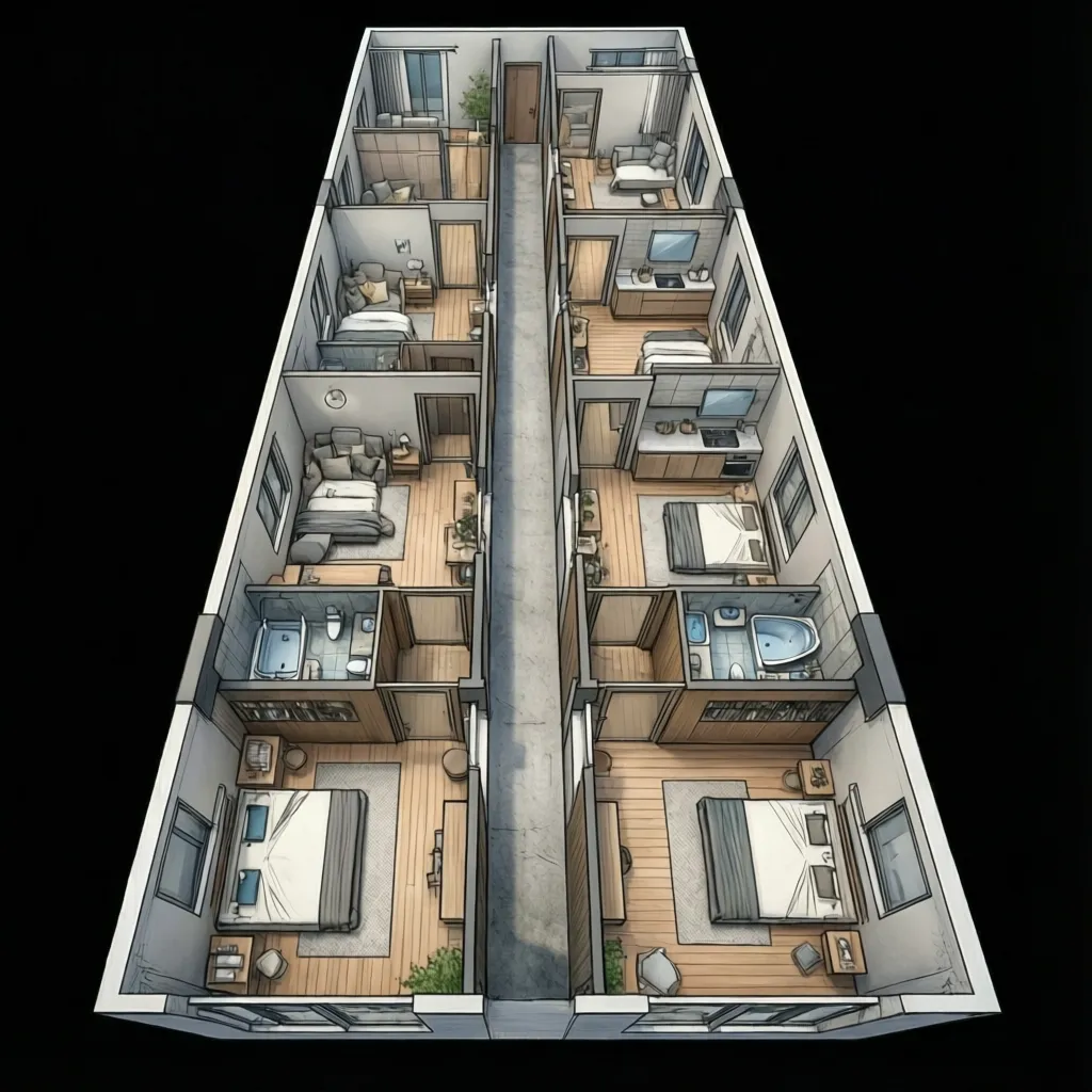 Interior design drawing of a long building layout with multiple small bedrooms and private bathrooms