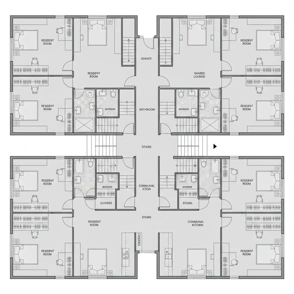 Denah rumah kos dengan koridor tengah