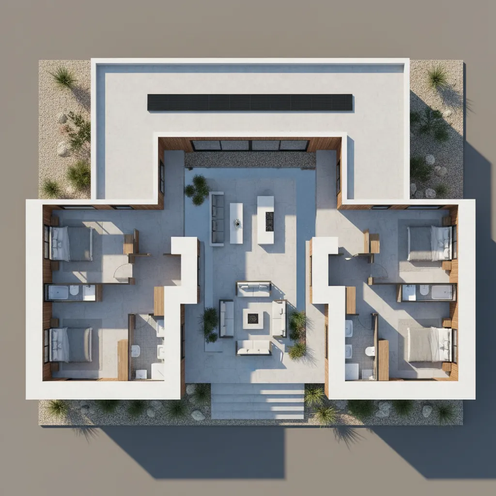 Modern four bedroom house layout showing a central courtyard with outdoor sofa and dining area