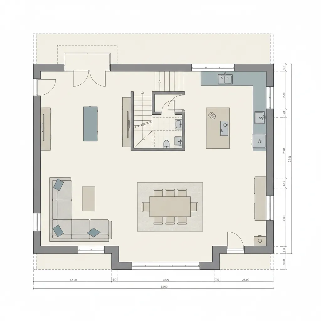Coohom 2D room layout showing a large living area dining table kitchen island and stairs