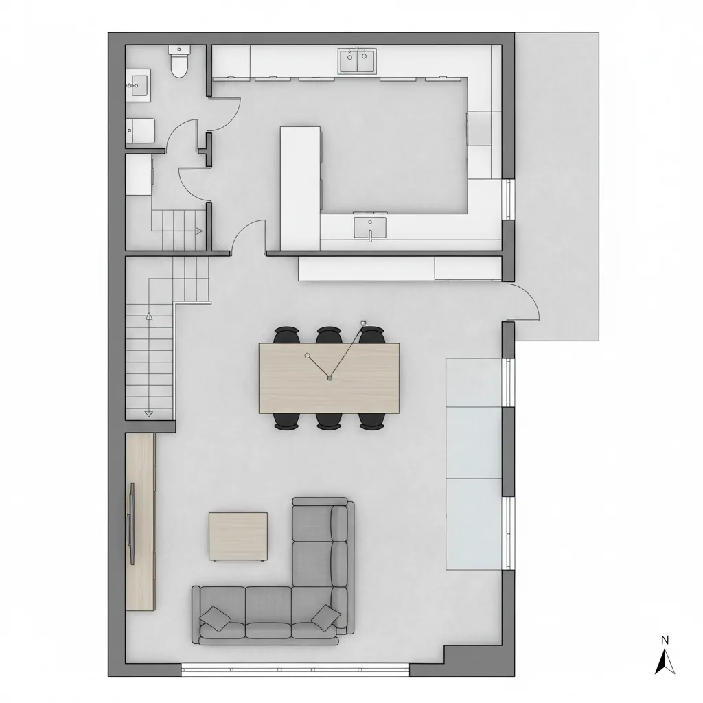 Interior design drawing of a floor plan with gray sofa dining table and kitchen layout