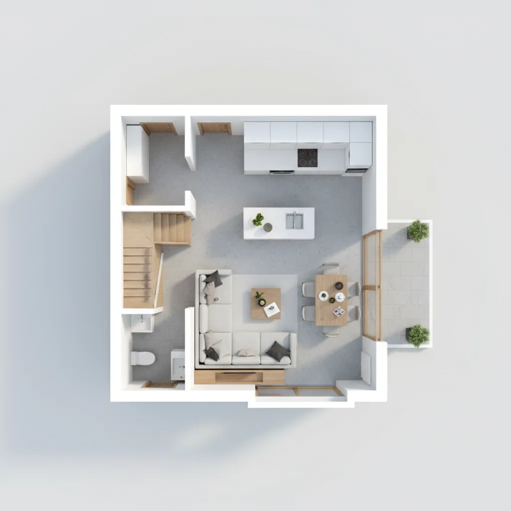 Interior design drawing showing small apartment layout with sofa dining table kitchen island and stairs