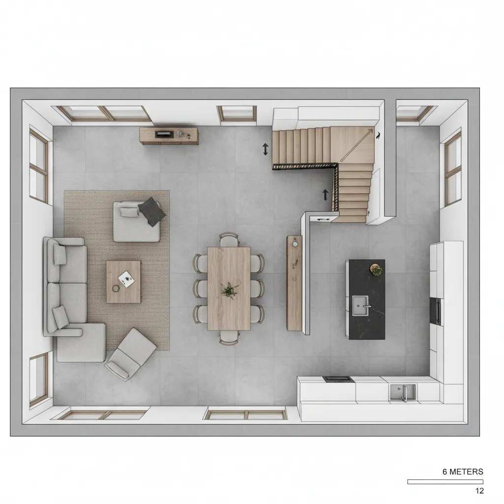 Denah lantai pertama rumah minimalis ukuran 6x12