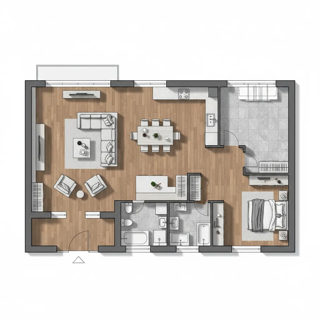 Detailed interior design drawing of a modern apartment layout featuring living room and one bedroom