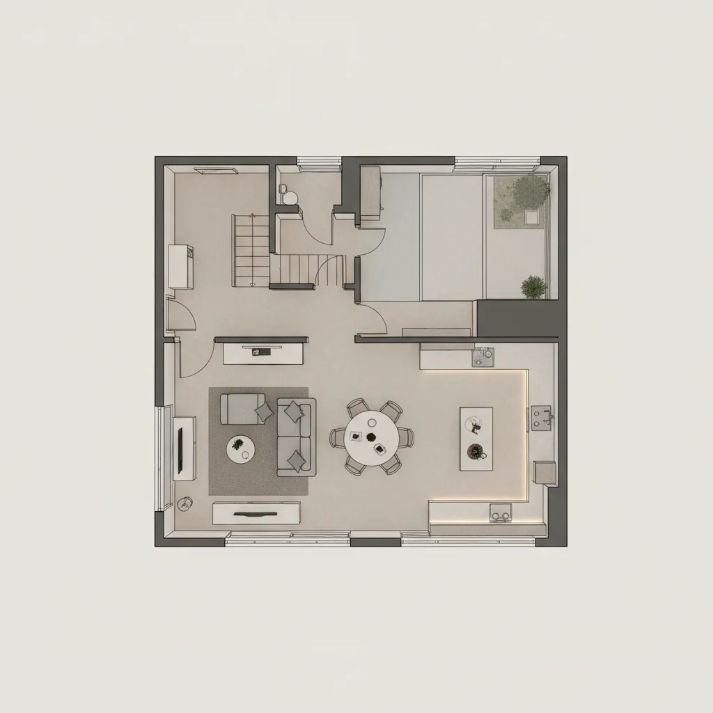 Interior design drawing of house floor plan showing living room dining area kitchen and garden