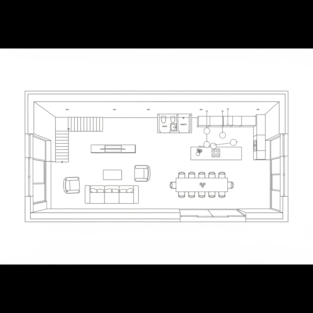 Minimalist black and white interior design drawing showing a living room, dining area, and kitchen