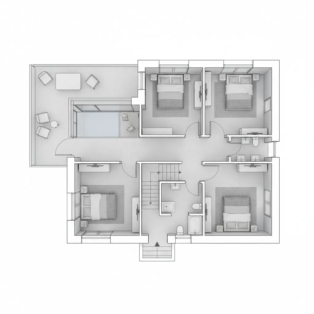 Coohom 3D interior design drawing showing four bedrooms a central hallway stairs and a balcony