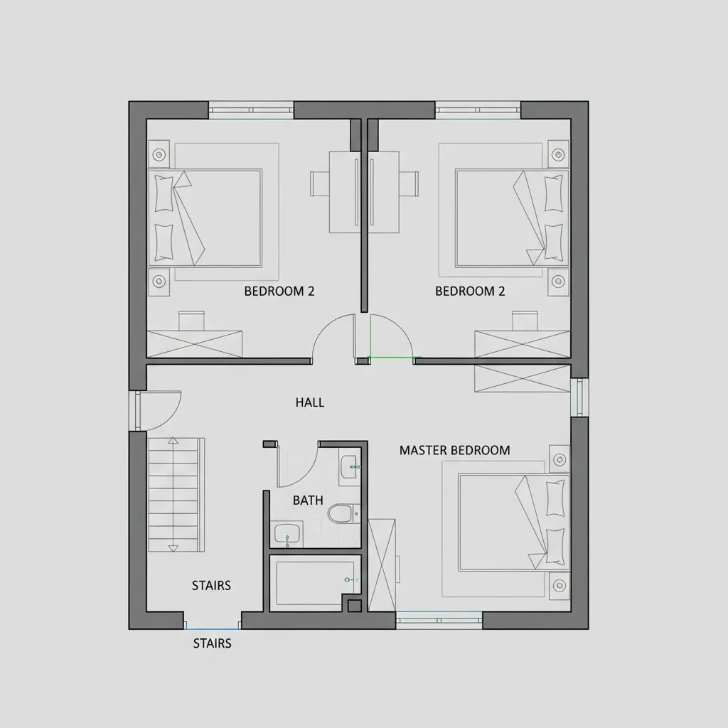 Denah lantai dua rumah 6x9 dengan dua kamar tidur