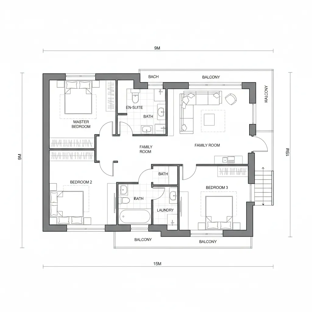 Denah lantai dua rumah ukuran 9x15